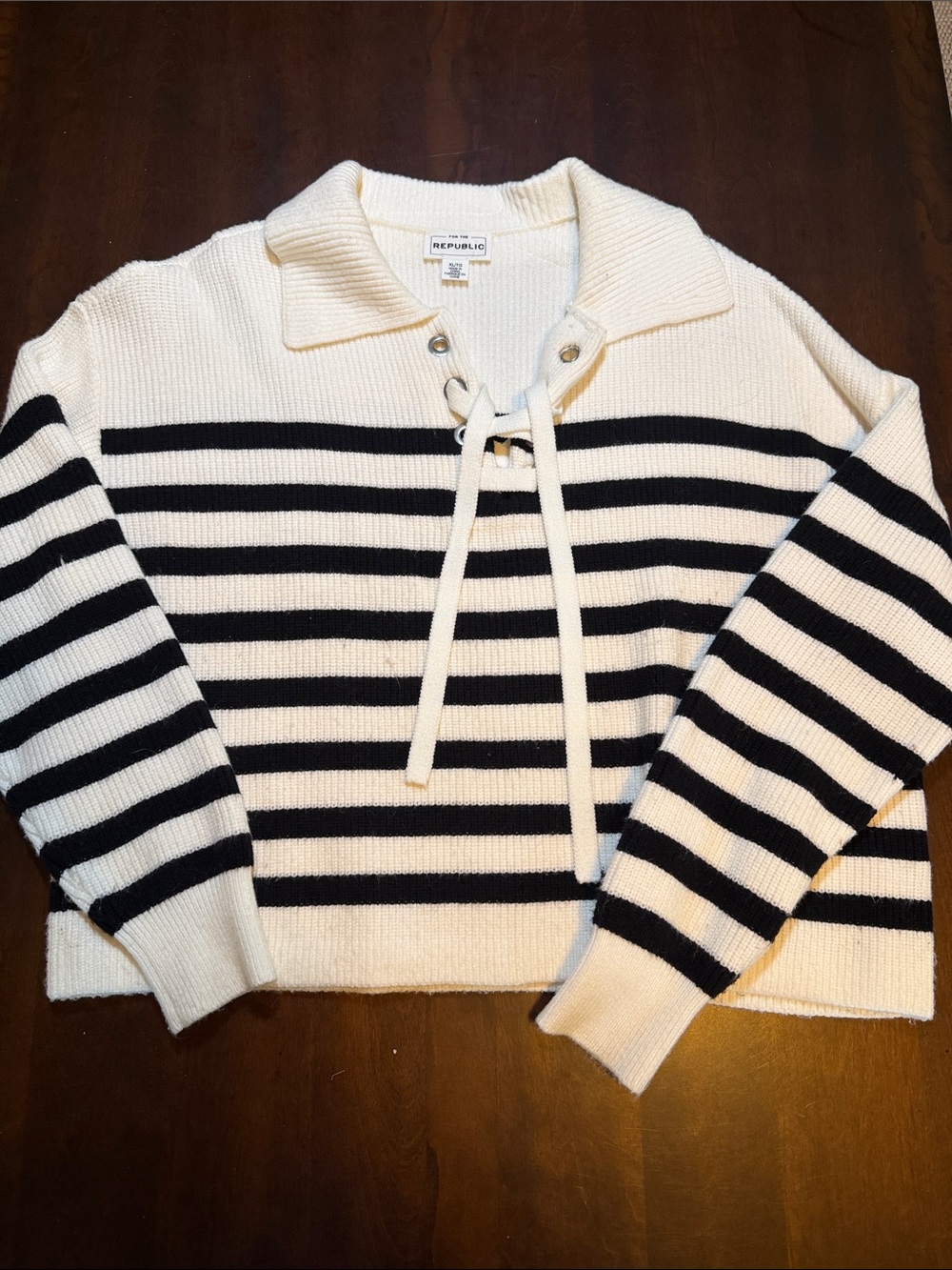 For the Republic White & Black Striped Lace-Up Collar Sweater